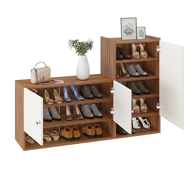 FURNEASER Sinala Modern Shoe Storage Cabinet with 8 Shelves, Wooden Organiser Stand, 18-20 Pairs Capacity (Exotic Teak & White)
