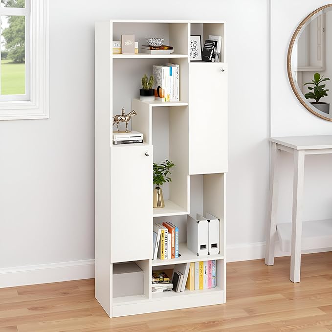 FURNEASER Canvas Modern Wooden Bookshelf with Cabinets & Open Storage – 5-Tier Display Rack, Multipurpose Bookcase for Living Room, Bedroom, Office (Engineered Wood, 180 x 80 x 32 cm, White Finish)