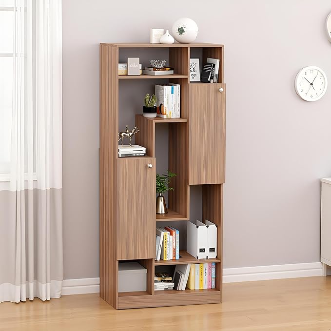 FURNEASER Canvas Modern Wooden Bookshelf with Cabinets & Open Storage – 5-Tier Display Rack, Multipurpose Bookcase for Living Room, Bedroom, Office (180 x 80 x 32 cm, Exotic Teak Finish)