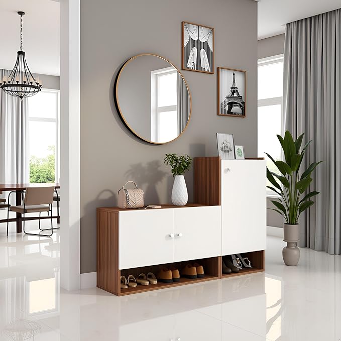 FURNEASER Sinala Modern Shoe Storage Cabinet with 8 Shelves, Wooden Organiser Stand, 18-20 Pairs Capacity (Exotic Teak & White)