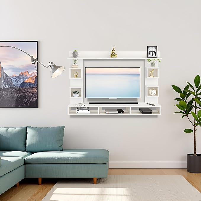 FURNEASER Morris Engineered Wood Wall Mount TV Unit/TV Stand with Door/TV Cabinet/TV Entertainment Unit/Set Top Box Stand (Ideal for 55 Inch) (D.I.Y) (Exotic Teak & White)