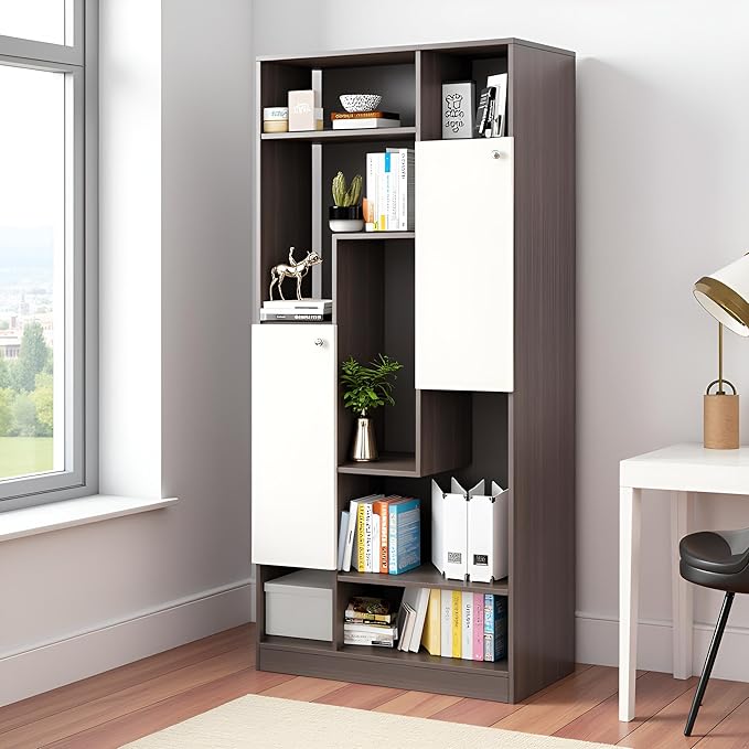 FURNEASER Canvas Modern Wooden Bookshelf with Cabinets & Open Storage – 5-Tier Display Rack, Multipurpose Bookcase for Living Room, Bedroom, Office (180 x 80 x 32 cm, Wenge & White Finish)