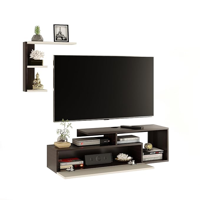 FURNEASER Exteller Engineered Wood Wall-Mount TV Unit for Living Room Set Top Box Stand Entertainment Unit with Display Shelves Rack, for Upto 43 Inch TV (Wenge & White)