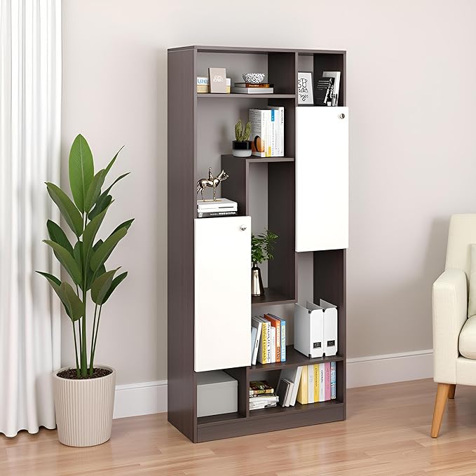 FURNEASER Canvas Modern Wooden Bookshelf with Cabinets & Open Storage – 5-Tier Display Rack, Multipurpose Bookcase for Living Room, Bedroom, Office (180 x 80 x 32 cm, Wenge & White Finish)