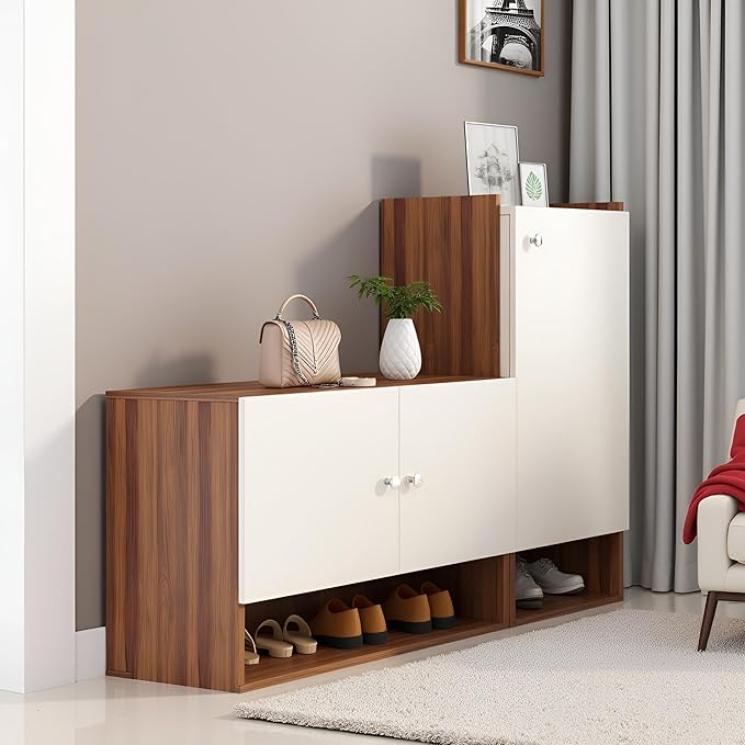 FURNEASER Sinala Modern Shoe Storage Cabinet with 8 Shelves, Wooden Organiser Stand, 18-20 Pairs Capacity (Exotic Teak & White)