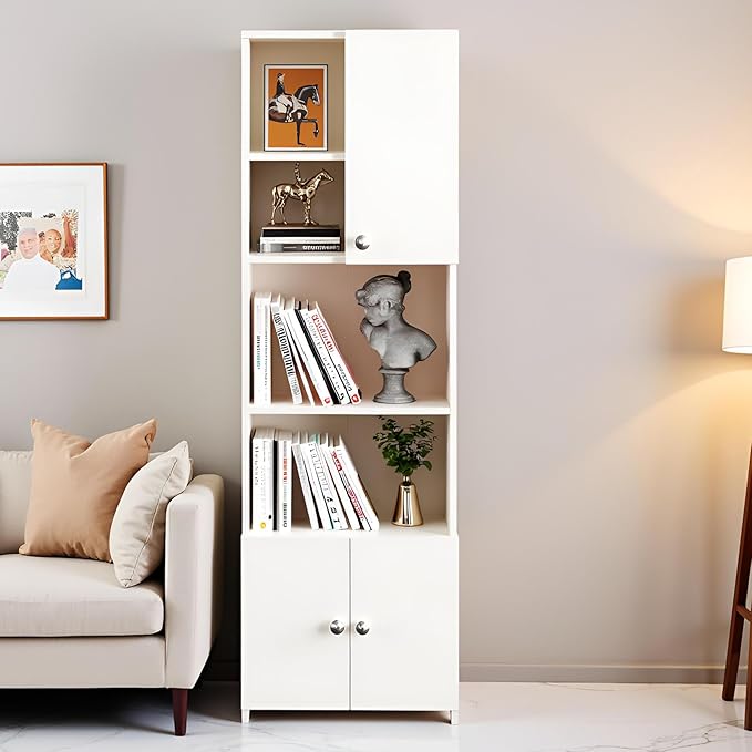 FURNEASER Stenza Modern Engineered Wood Book Shelf – Modular Tall Storage Cabinet with Doors & Open Display Racks for Living Room, Study, Office (White)