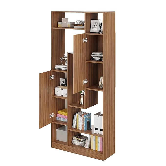 FURNEASER Canvas Modern Wooden Bookshelf with Cabinets & Open Storage – 5-Tier Display Rack, Multipurpose Bookcase for Living Room, Bedroom, Office (180 x 80 x 32 cm, Exotic Teak Finish)