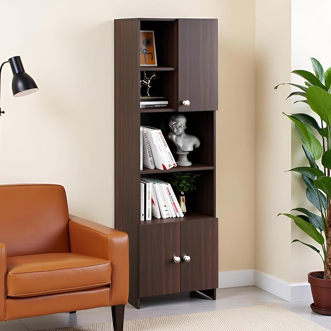 FURNEASER Stenza Modern Engineered Wood Book Shelf – Modular Tall Storage Cabinet with Doors & Open Display Racks for Living Room, Study, Office (Wenge) (Copy)