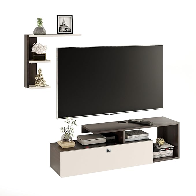 FURNEASER Exteller Engineered Wood Wall-Mount TV Unit for Living Room Set Top Box Stand Entertainment Unit with Display Shelves Rack, for Upto 43 Inch TV (Wenge & White)