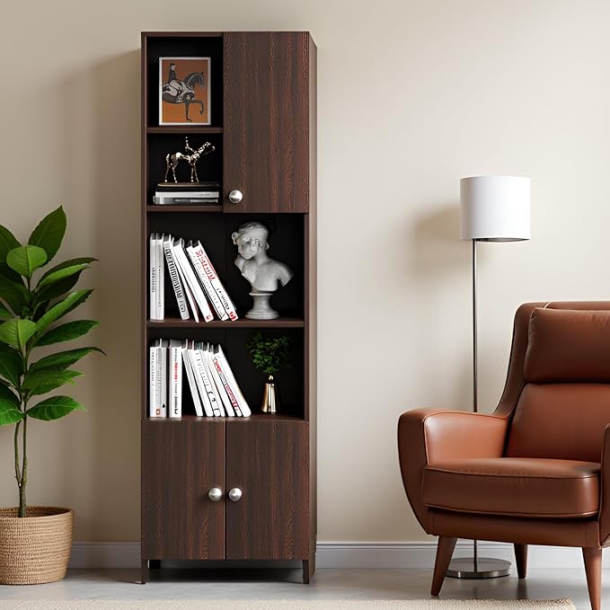FURNEASER Stenza Modern Engineered Wood Book Shelf – Modular Tall Storage Cabinet with Doors & Open Display Racks for Living Room, Study, Office (Wenge) (Copy)