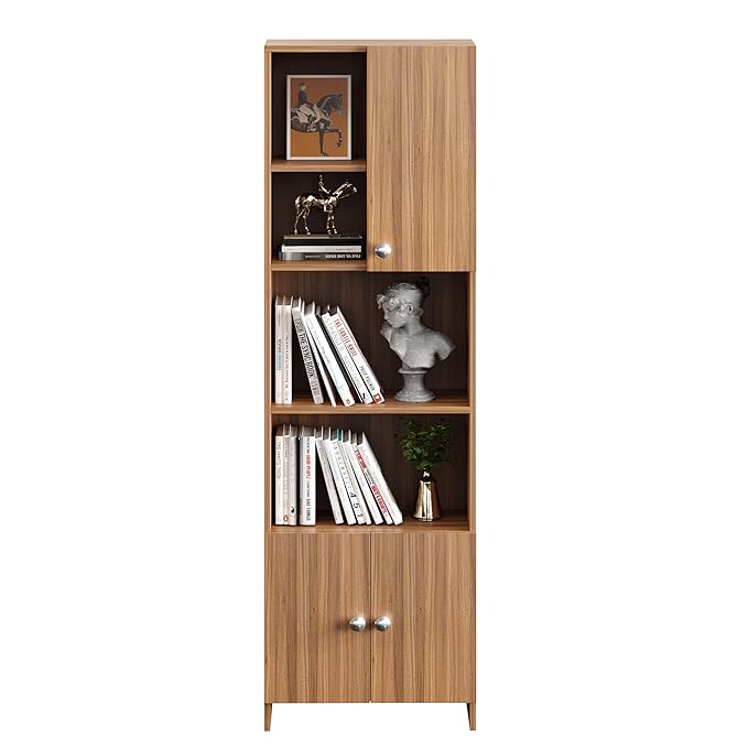 FURNEASER Stenza Modern Engineered Wood Book Shelf – Modular Tall Storage Cabinet with Doors & Open Display Racks for Living Room, Study, Office (Exotic Teak)