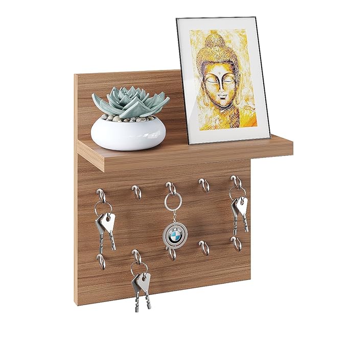 FURNEASER Cannor Wall Mounted Key Holder for Home with Decorative Display Shelf (10 Hooks) Keys Chain Ring Mobile Holder Stand Organizer