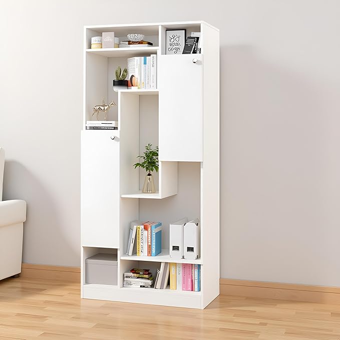 FURNEASER Canvas Modern Wooden Bookshelf with Cabinets & Open Storage – 5-Tier Display Rack, Multipurpose Bookcase for Living Room, Bedroom, Office (Engineered Wood, 180 x 80 x 32 cm, White Finish)