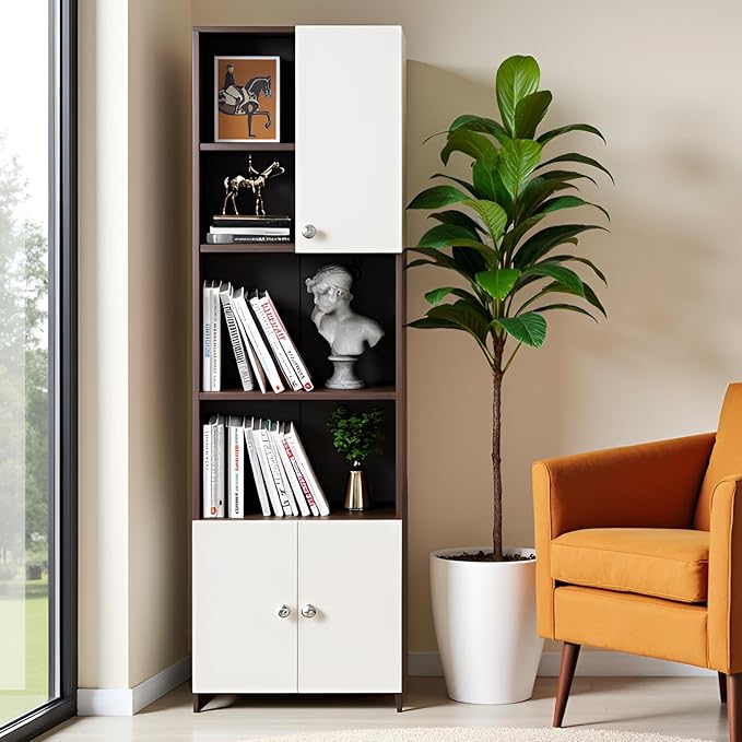 FURNEASER Stenza Modern Engineered Wood Book Shelf – Modular Tall Storage Cabinet with Doors & Open Display Racks for Living Room, Study, Office (Wenge & White)