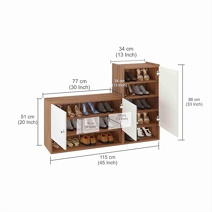 FURNEASER Sinala Modern Shoe Storage Cabinet with 8 Shelves, Wooden Organiser Stand, 18-20 Pairs Capacity (Exotic Teak & White)