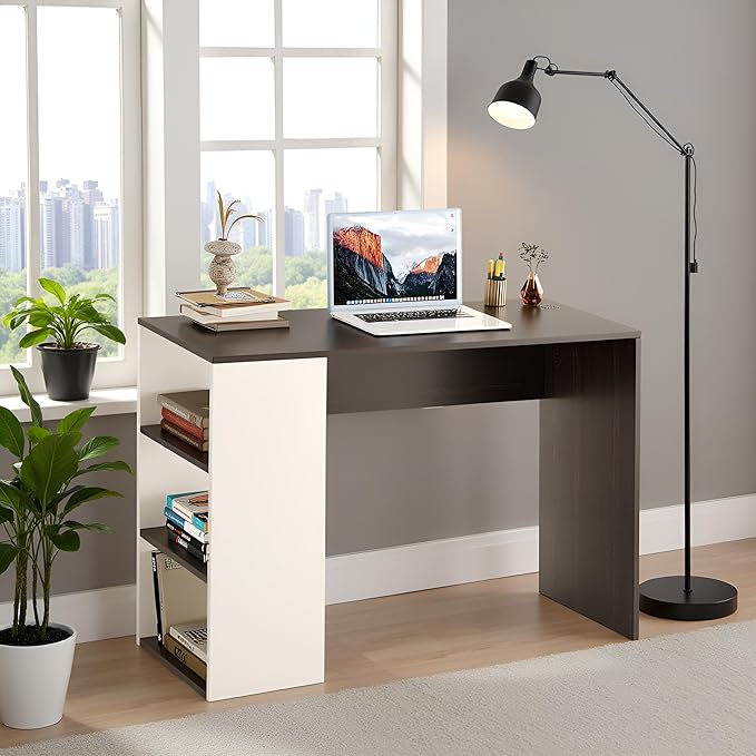 FURNEASER Lexus Compact Wooden Study Table with Side Storage Shelves – Modern Computer Desk for Home & Office, 103x40x74 cm, Dual Tone Finish (Wenge & White)
