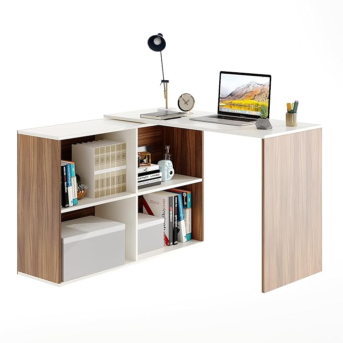 FURNEASER Maggen Engineered Wood Study Table, Workstation, Rotatable Computer Laptop, WFH Office Desk Gaming Table with Storage, Large (Exotic Teak & White)