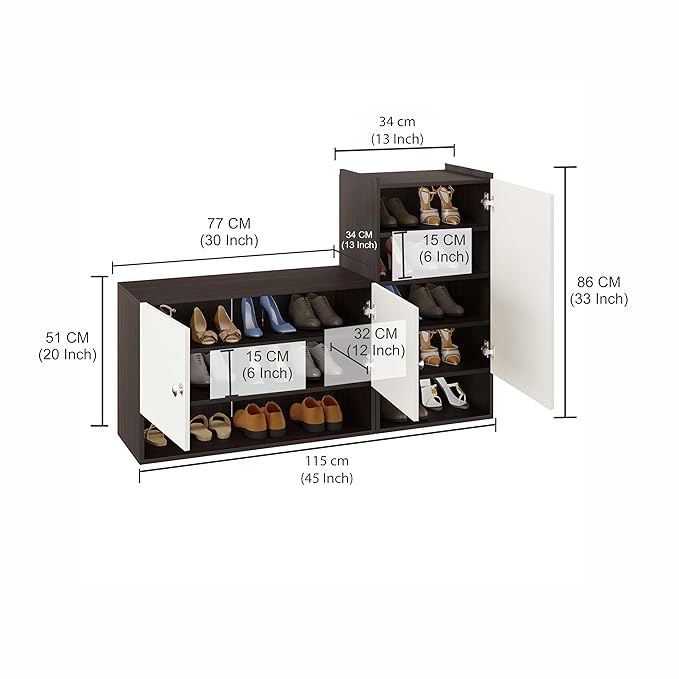 FURNEASER Sinala Modern Shoe Storage Cabinet with 8 Shelves, Wooden Organiser Stand, 18-20 Pairs Capacity (Wenge & White)