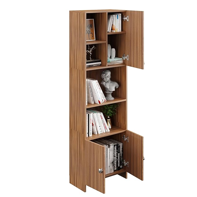 FURNEASER Stenza Modern Engineered Wood Book Shelf – Modular Tall Storage Cabinet with Doors & Open Display Racks for Living Room, Study, Office (Exotic Teak)