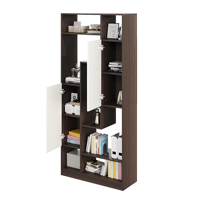FURNEASER Canvas Modern Wooden Bookshelf with Cabinets & Open Storage – 5-Tier Display Rack, Multipurpose Bookcase for Living Room, Bedroom, Office (180 x 80 x 32 cm, Wenge & White Finish)