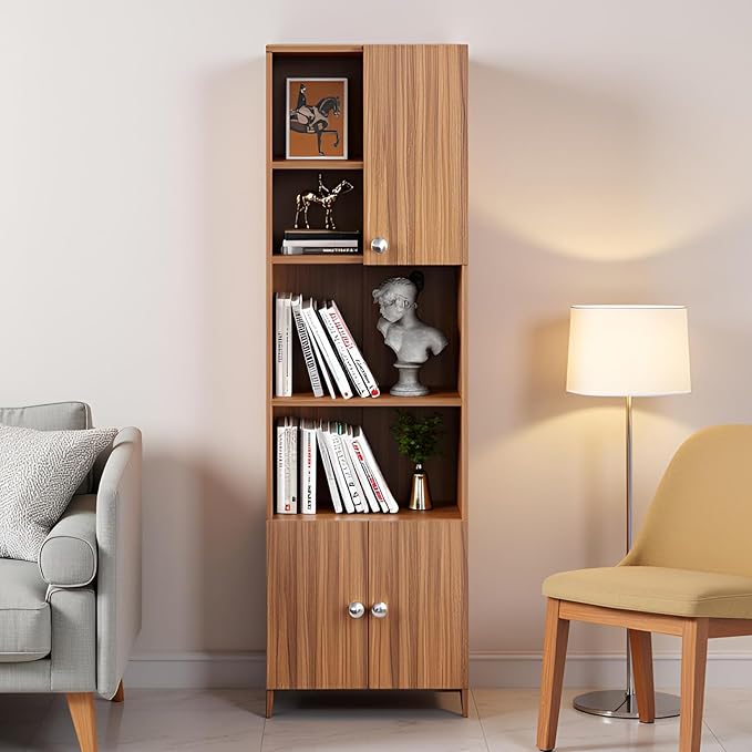 FURNEASER Stenza Modern Engineered Wood Book Shelf – Modular Tall Storage Cabinet with Doors & Open Display Racks for Living Room, Study, Office (Exotic Teak)