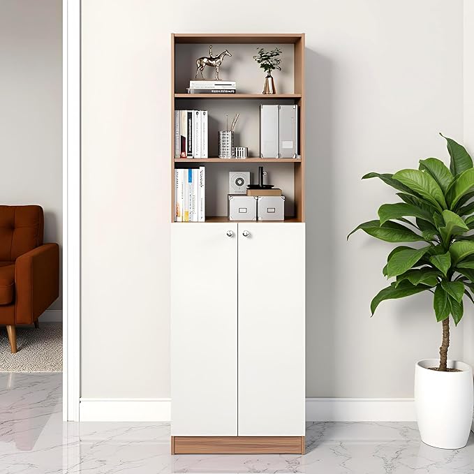Freestanding Bookcase for Living Room, Office, Bedroom – Exotic Teak & Frosty White Finish
