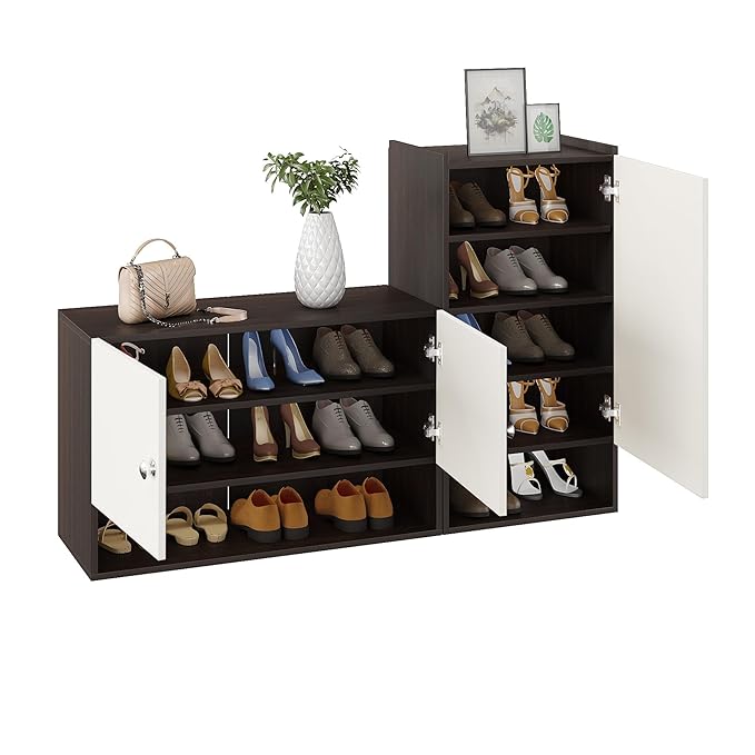 FURNEASER Sinala Modern Shoe Storage Cabinet with 8 Shelves, Wooden Organiser Stand, 18-20 Pairs Capacity (Wenge & White)