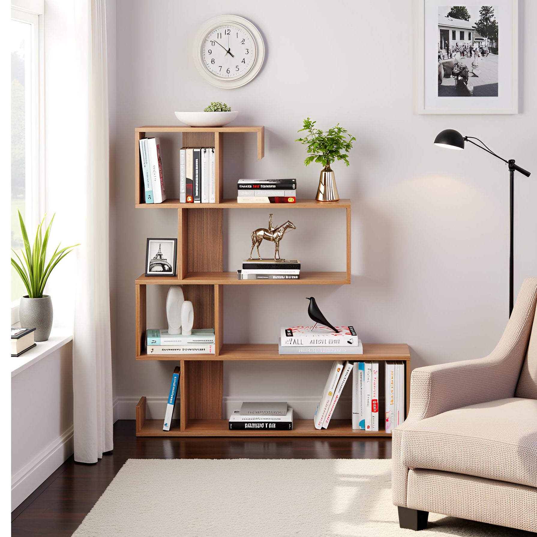 Allesia Wooden Book Shelf for Books, Book Shelf Rack for Home Library, Corner Shelf for Living Room, Study Room & Office Furniture (Exotic Teak)