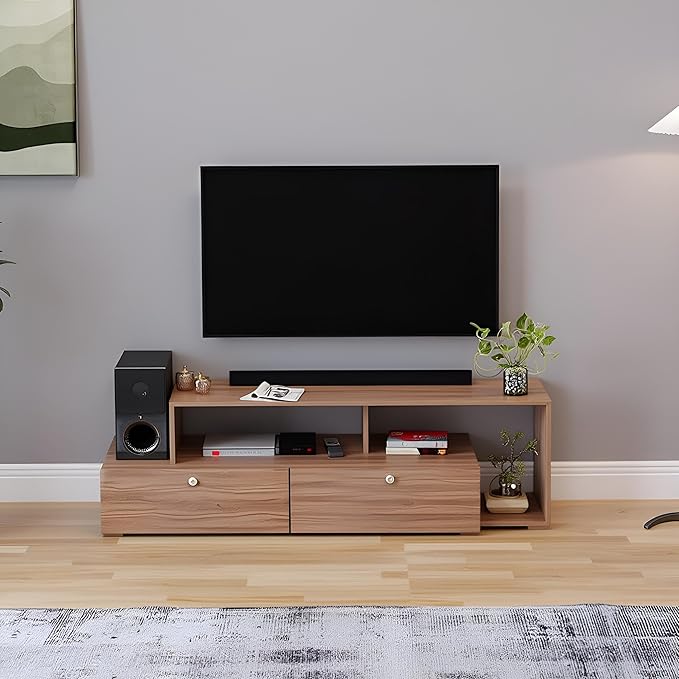 FURNEASER Dexon Modern TV Stand for TVs up to 55 Inches – Entertainment Center with Open Shelving & Storage Cabinets – Wood Media Console with Sleek Design (Exotic Teak)