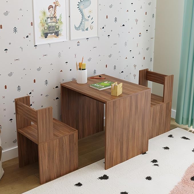 Emma Engineered Wood Light Weight Study Table & Chair Set with Storage for 3-12 Years Kids, Medium Size Kids Desk Set Upto 60kgs Weight Capacity - DIY Installation (Exotic Teak)
