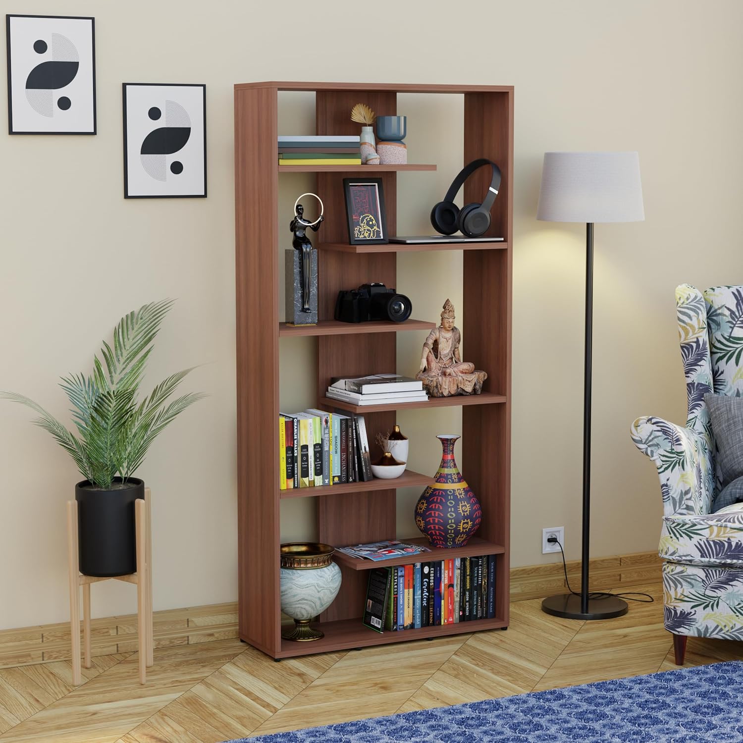 Hazzel Wooden Book Shelf for Books, Book Shelf Rack for Home Library, Corner Shelf for Living Room, Study Room & Office Furniture (Exotic Teak)
