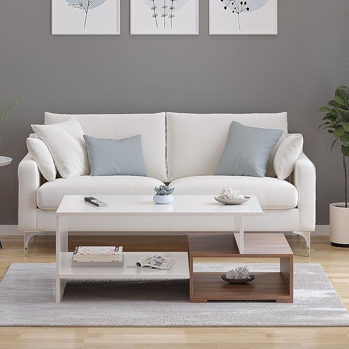 FURNEASER Allium Wooden Coffee Table with Storage and Open Rack, DIY Furniture, Sofa Side Table for Living Room, Home, 106 x 44 x 36 cm (Exotic Teak & White)