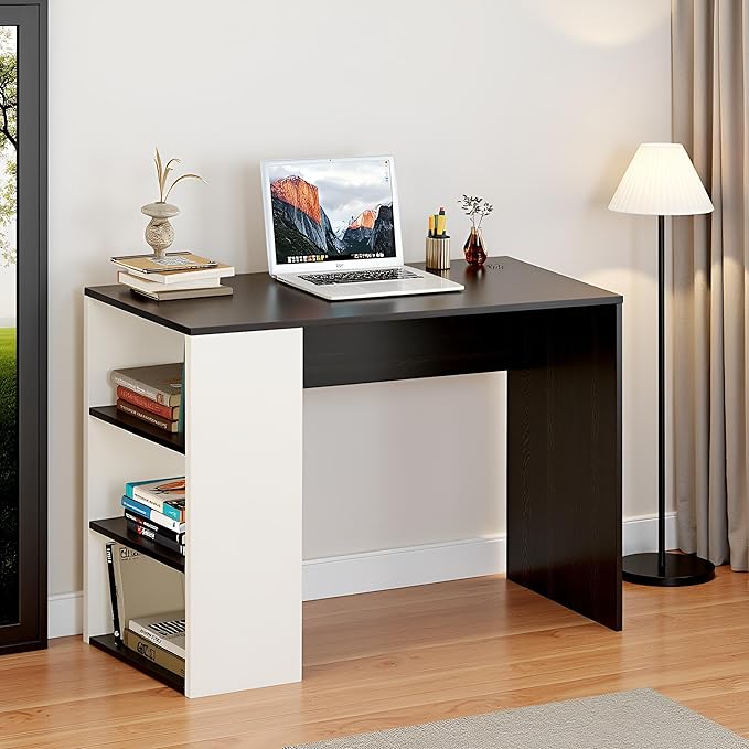 FURNEASER Lexus Compact Wooden Study Table with Side Storage Shelves – Modern Computer Desk for Home & Office, 103x40x74 cm, Dual Tone Finish (Wenge & White)