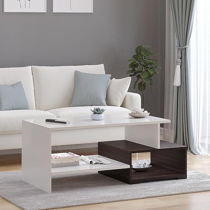 FURNEASER Allium Wooden Modern Coffee Table with Storage and Open Rack, DIY Furniture, Sofa Side Table for Living Room, Home, 106 x 44 x 36 cm (Wenge & White)