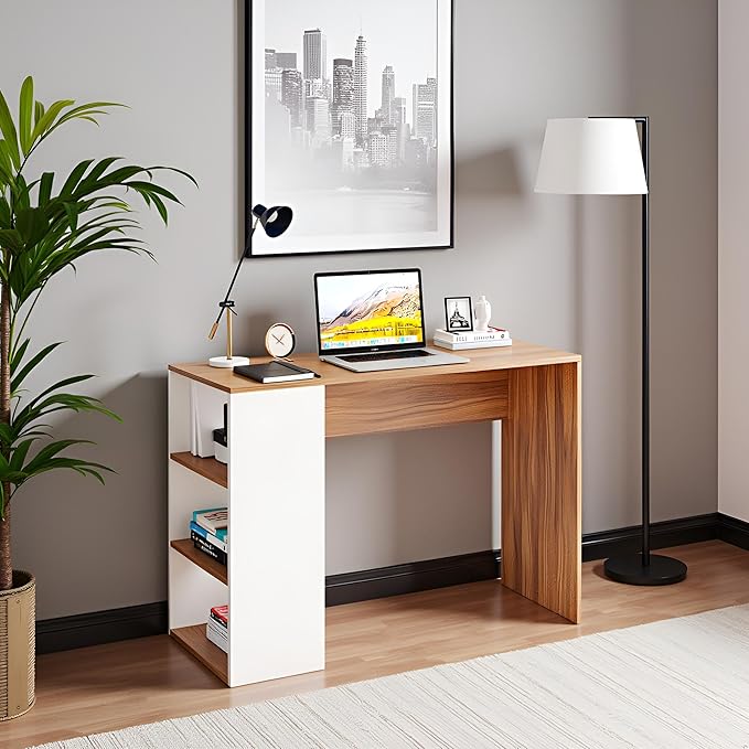 FURNEASER Lexus Compact Wooden Study Table with Side Storage Shelves – Modern Computer Desk for Home & Office, 103x40x74 cm, Dual Tone Finish (Wenge & White)