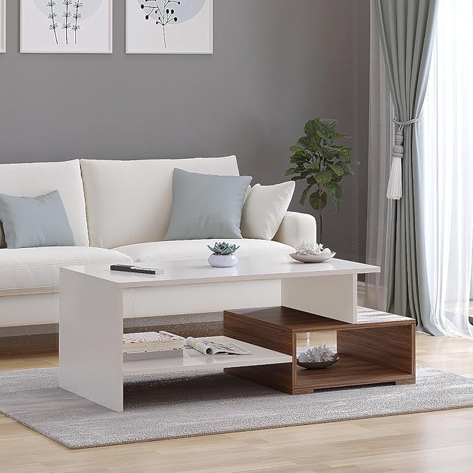 FURNEASER.. Allium Wooden Coffee Table with Storage and Open Rack, DIY Furniture, Sofa Side Table for Living Room, Home, 106 x 44 x 36 cm (Exotic Teak & White)
