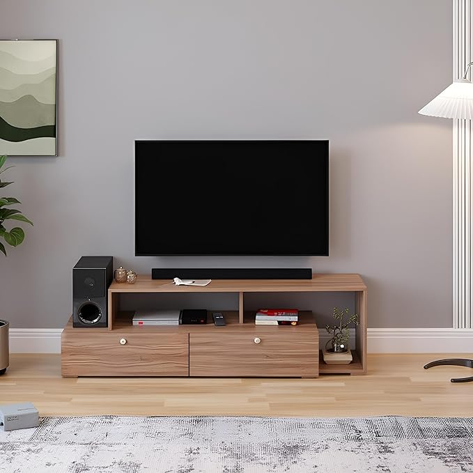 FURNEASER Dexon Modern TV Stand for TVs up to 55 Inches – Entertainment Center with Open Shelving & Storage Cabinets – Wood Media Console with Sleek Design (Exotic Teak)