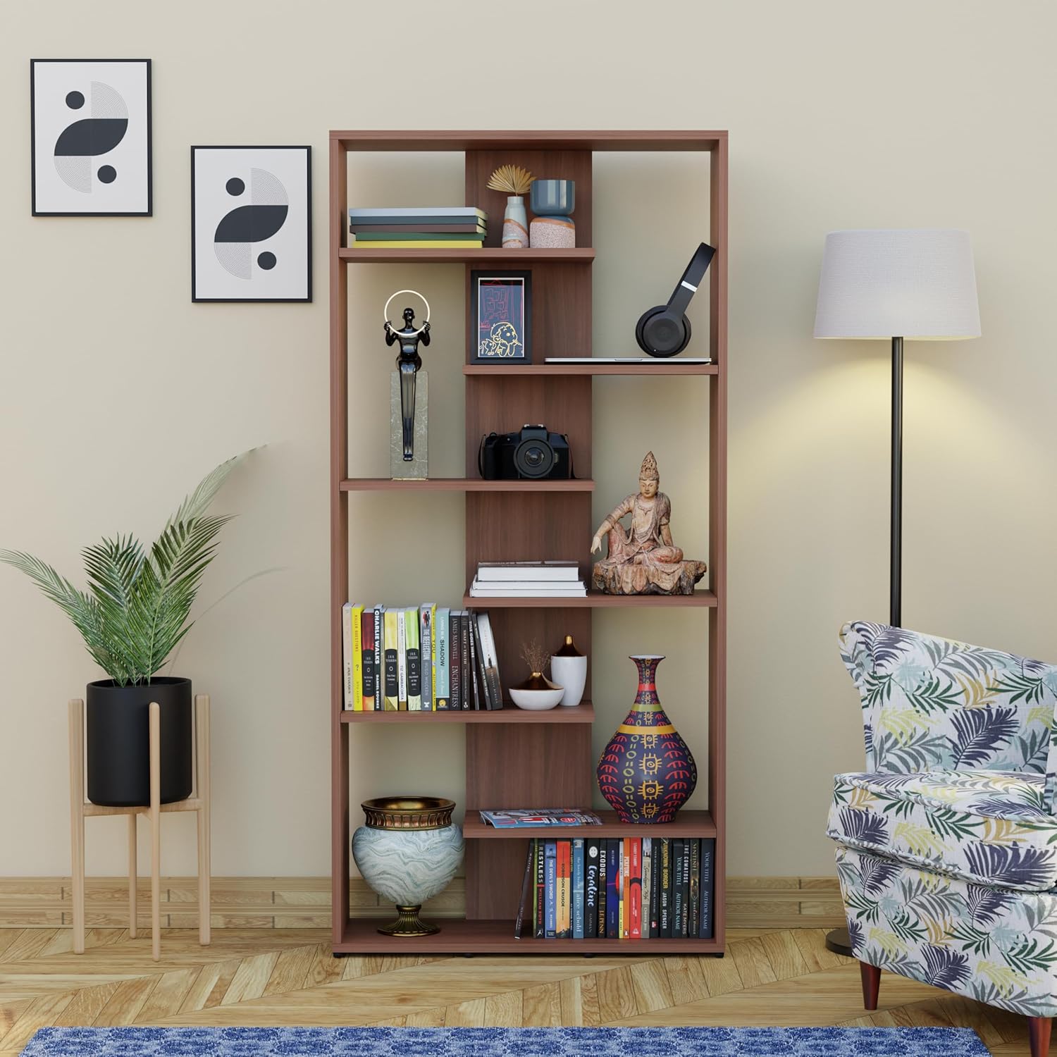 Hazzel Wooden Book Shelf for Books, Book Shelf Rack for Home Library, Corner Shelf for Living Room, Study Room & Office Furniture (Exotic Teak)