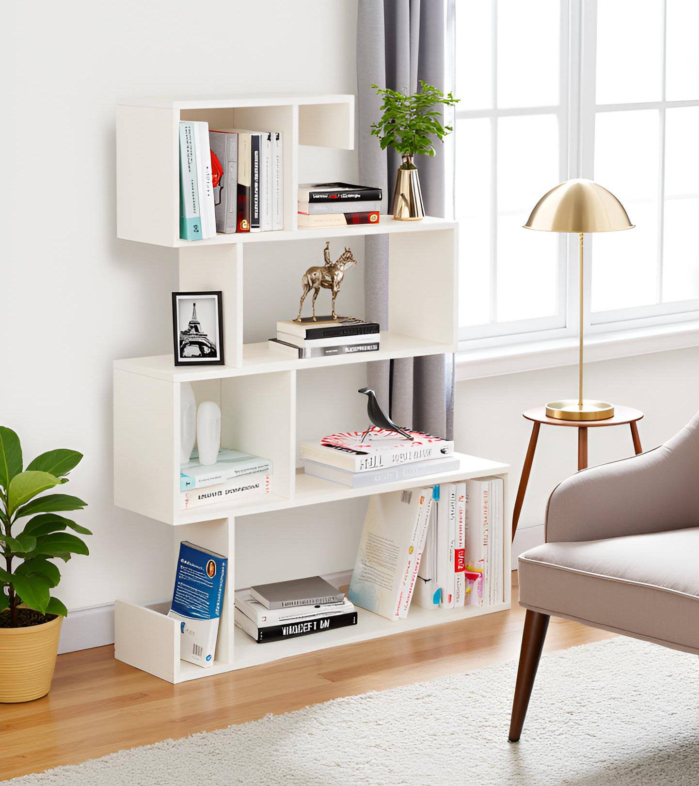 Allesia Wooden Book Shelf for Books, Book Shelf Rack for Home Library, Corner Shelf for Living Room, Study Room & Office Furniture (White)