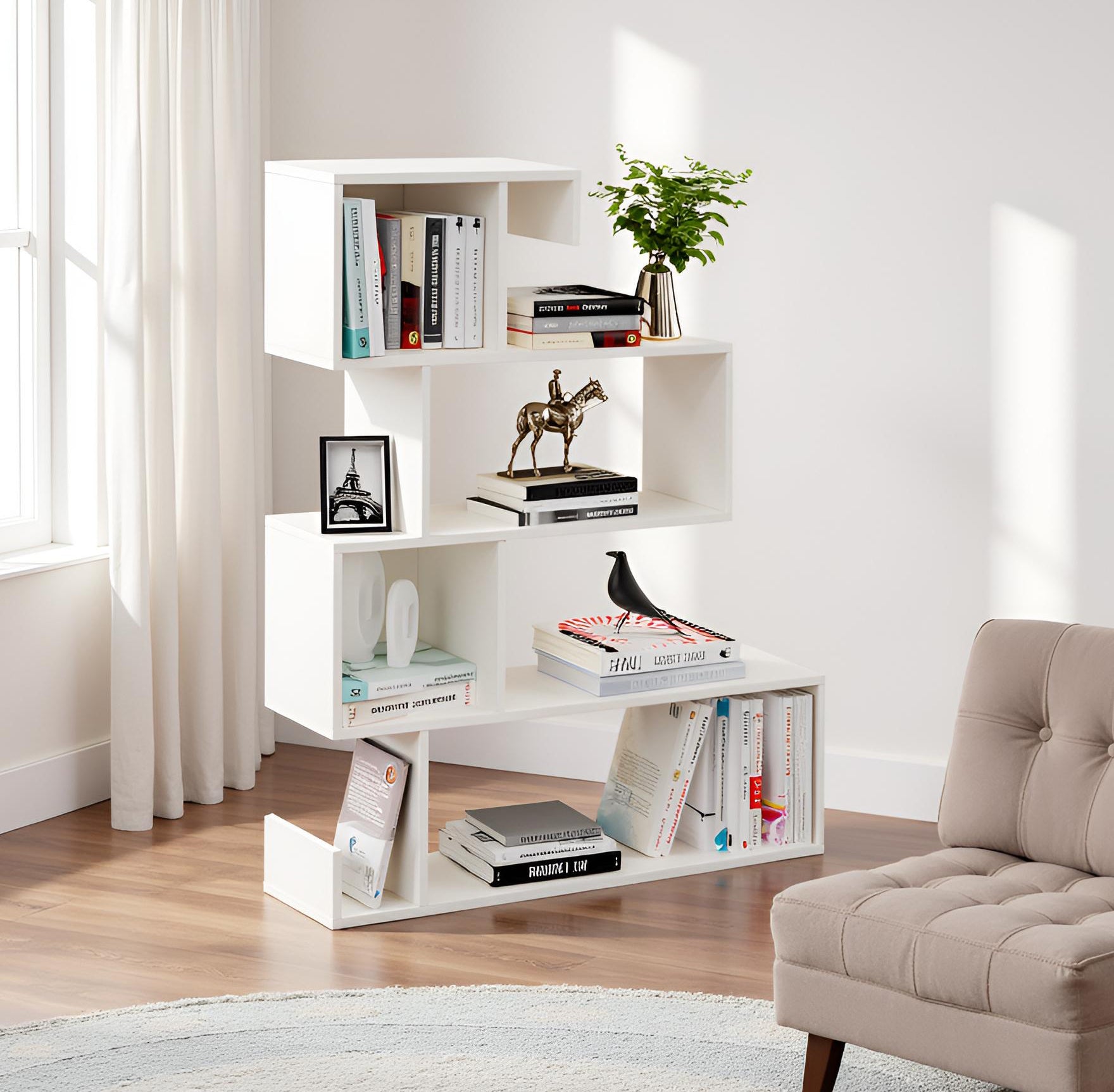 Allesia Wooden Book Shelf for Books, Book Shelf Rack for Home Library, Corner Shelf for Living Room, Study Room & Office Furniture (White)