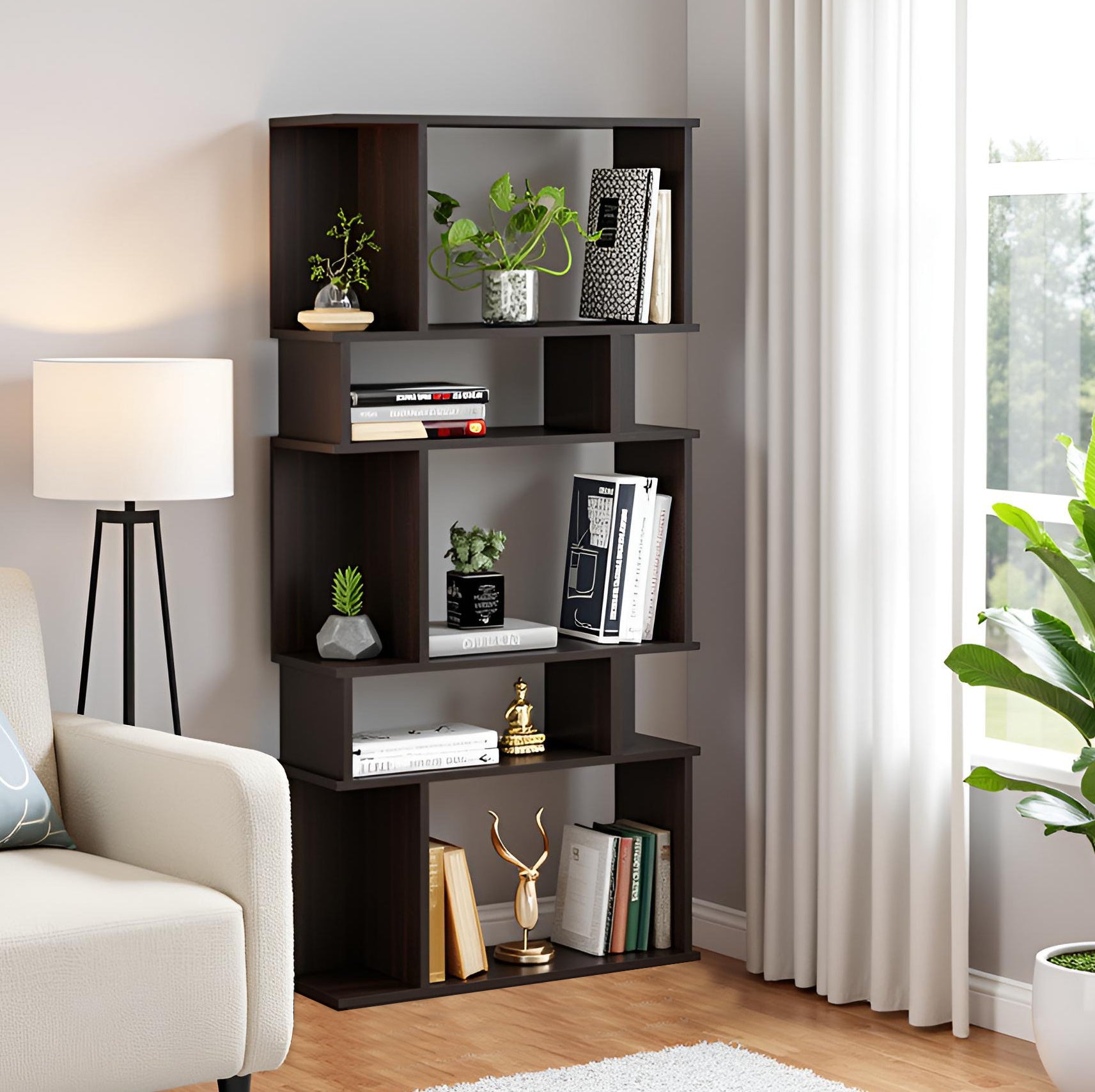 Adison Wooden Book Shelf for Books, Book Shelf Rack for Home Library, Corner Shelf for Living Room, Study Room & Office Furniture (Wenge)