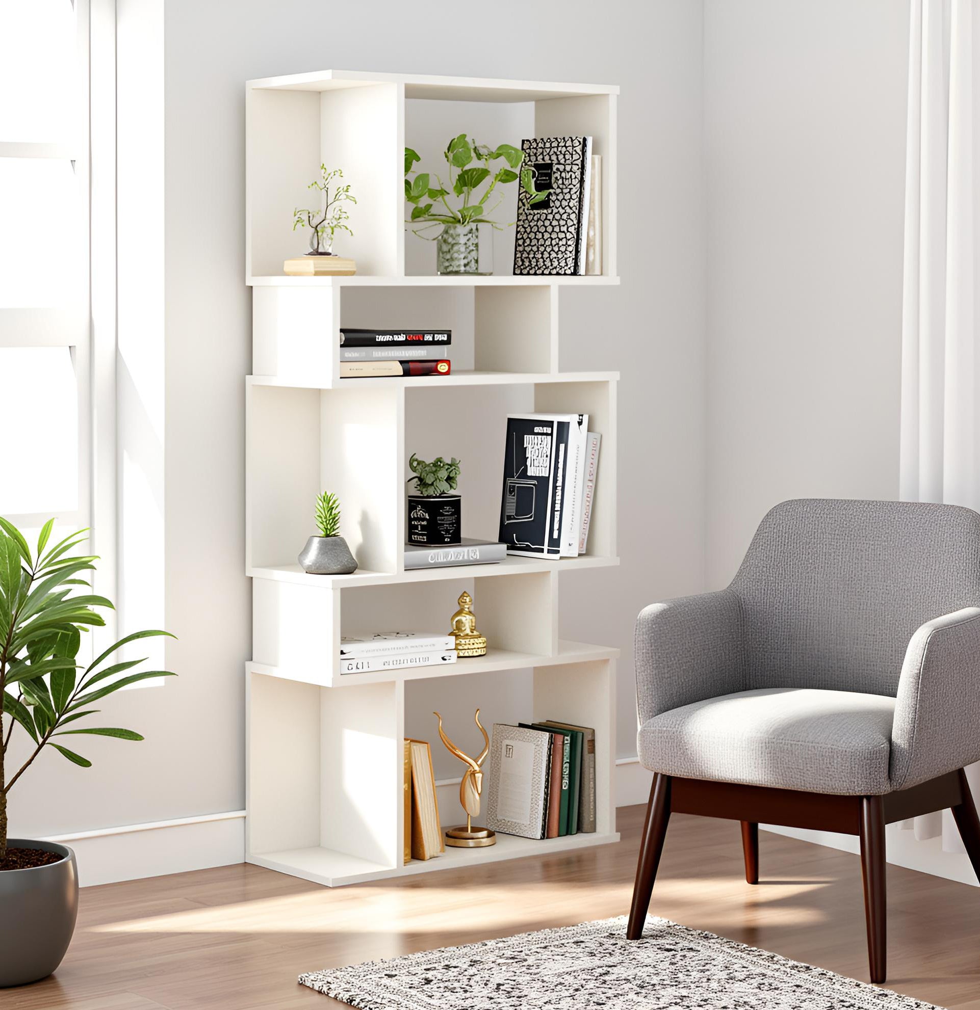 Adison Wooden Book Shelf for Books, Book Shelf Rack for Home Library, Corner Shelf for Living Room, Study Room & Office Furniture (White)