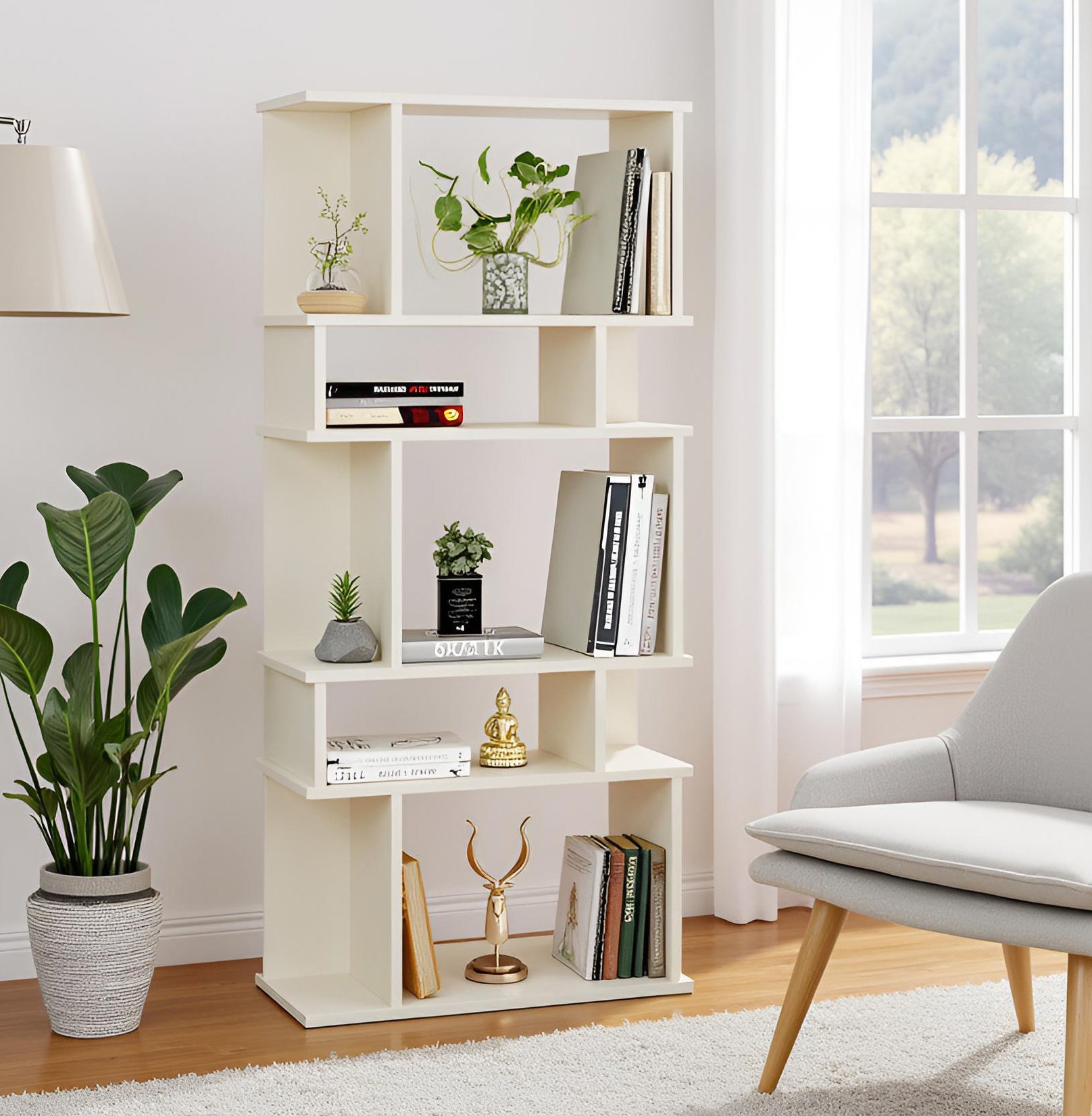 Adison Wooden Book Shelf for Books, Book Shelf Rack for Home Library, Corner Shelf for Living Room, Study Room & Office Furniture (White)