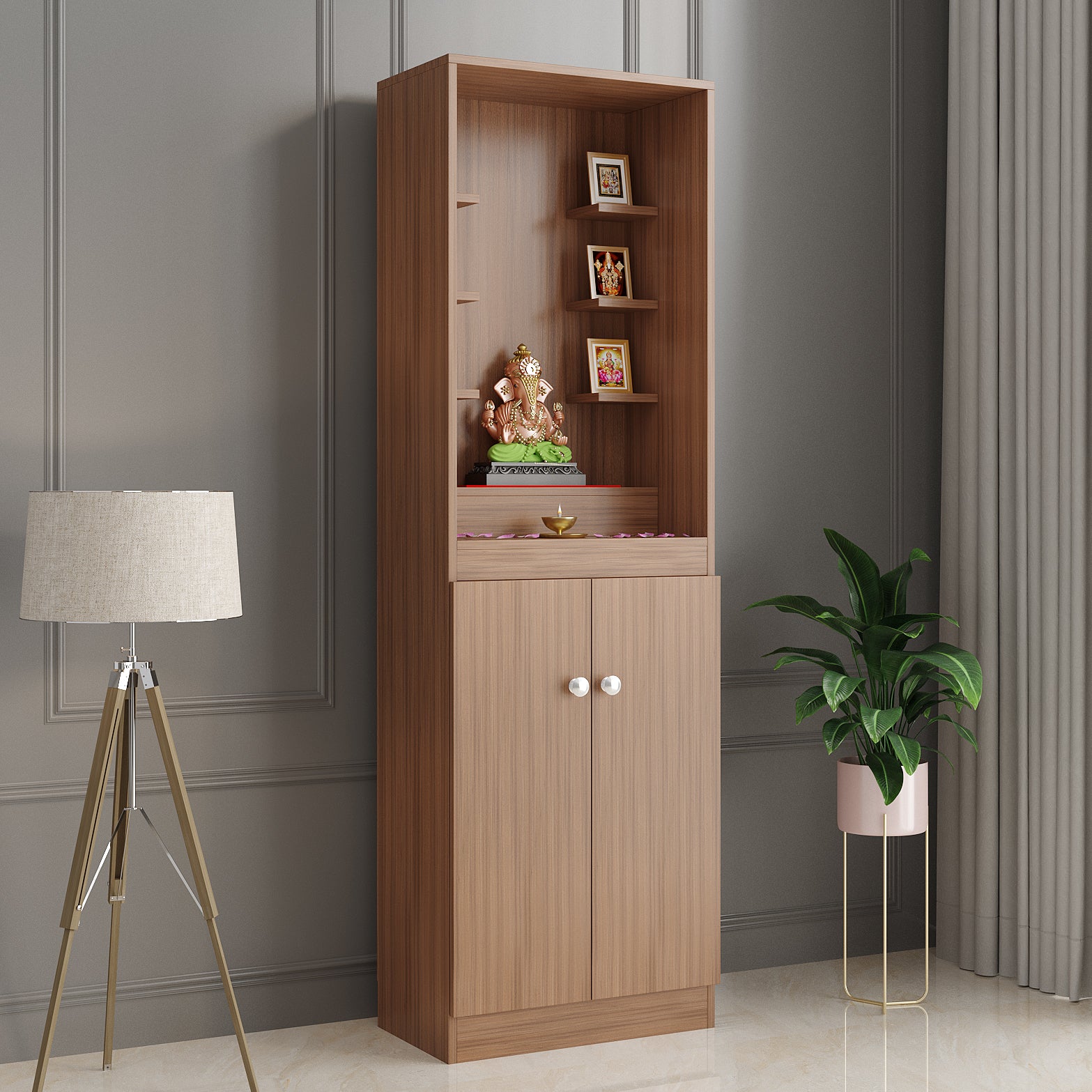 Adya Pooja Mandir for Home, Modern Temple for Home & Office, Prayer Cabinet Puja Stand Shelf in Exotic Teak Finish