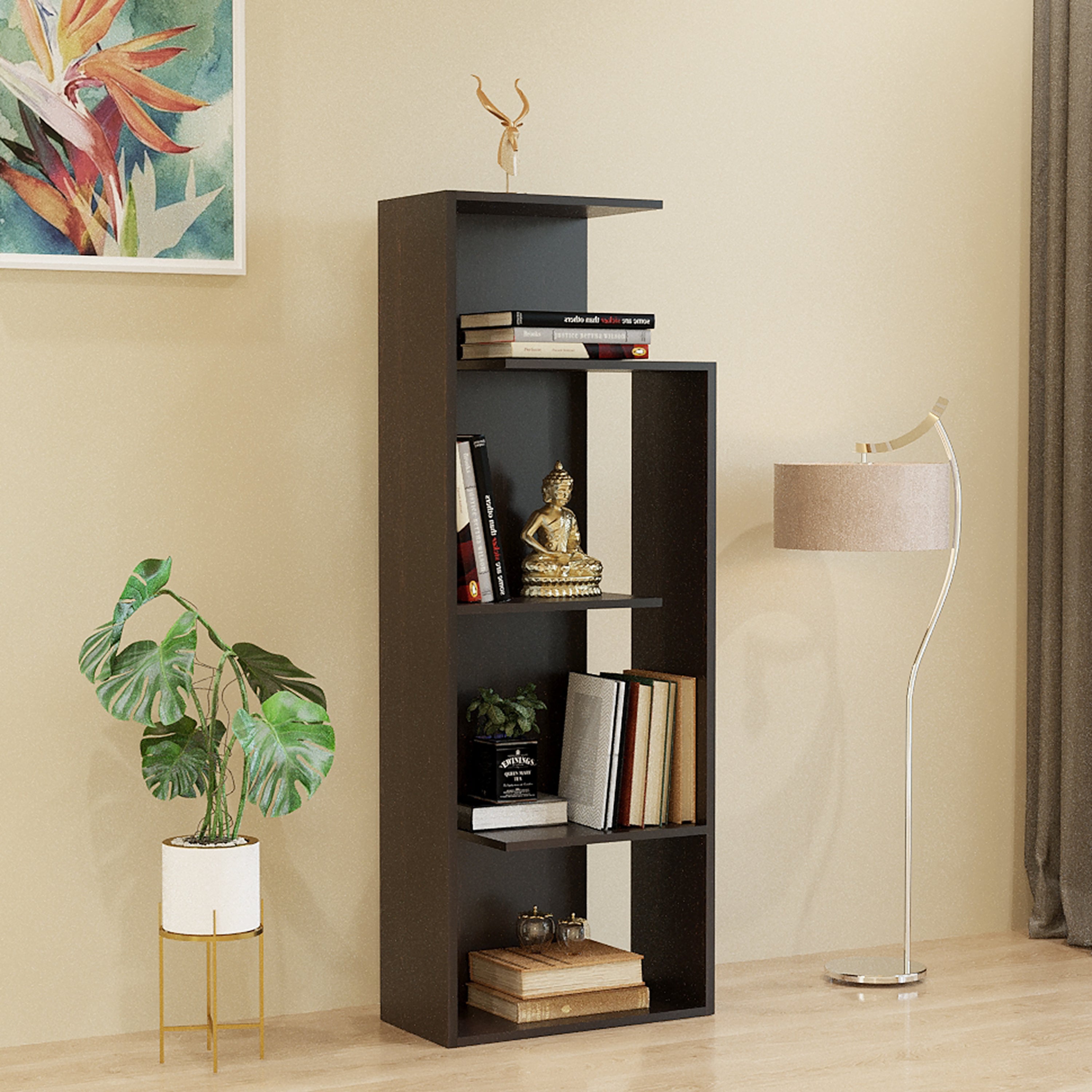Carren Wooden Book Shelf for Books, Book Shelf Rack for Home Library, Corner Shelf for Living Room, Study Room & Office Furniture (Wenge)