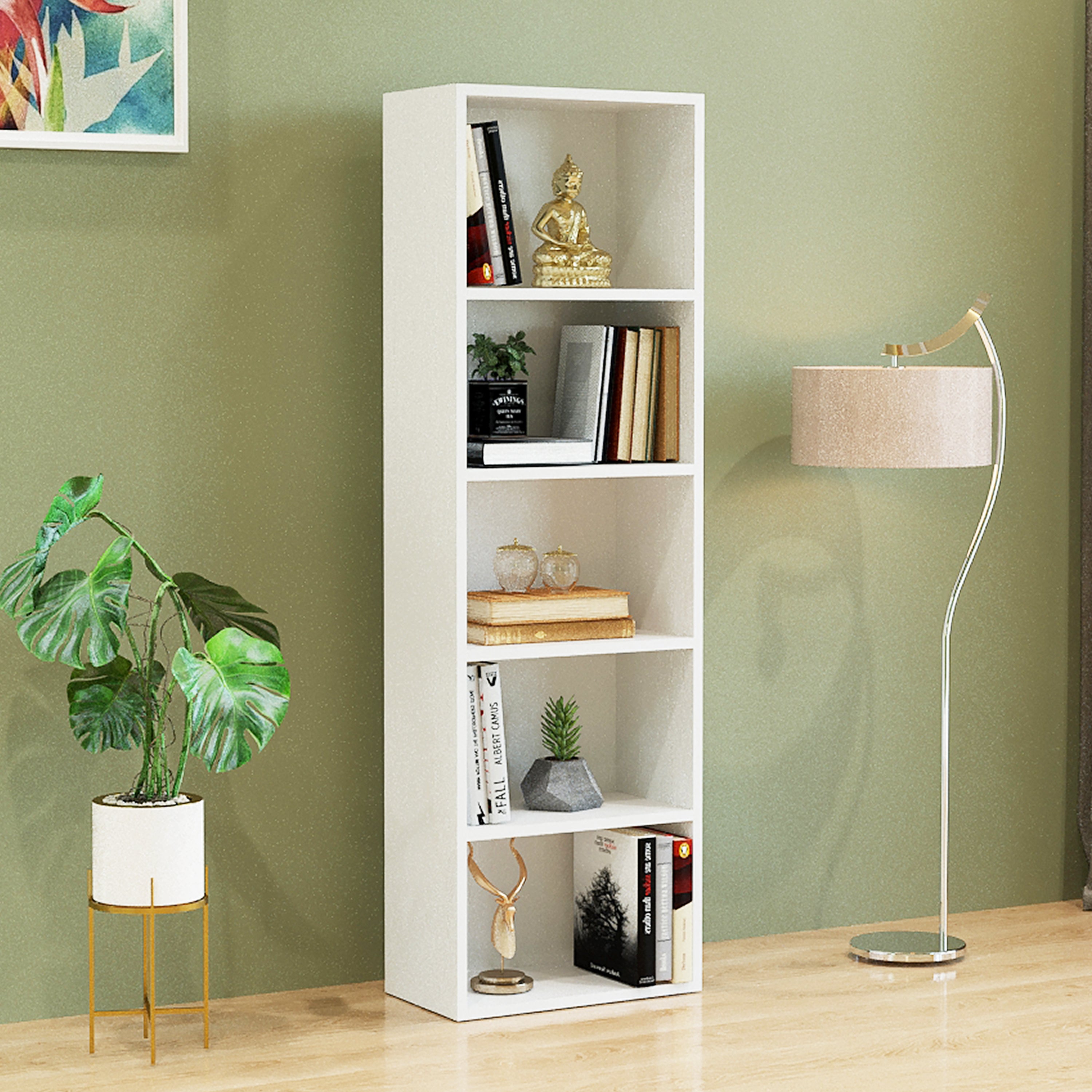 Eva Wooden Book Shelf for Books, Book Shelf Rack for Home Library, Corner Shelf for Living Room, Study Room Office Furniture (White)