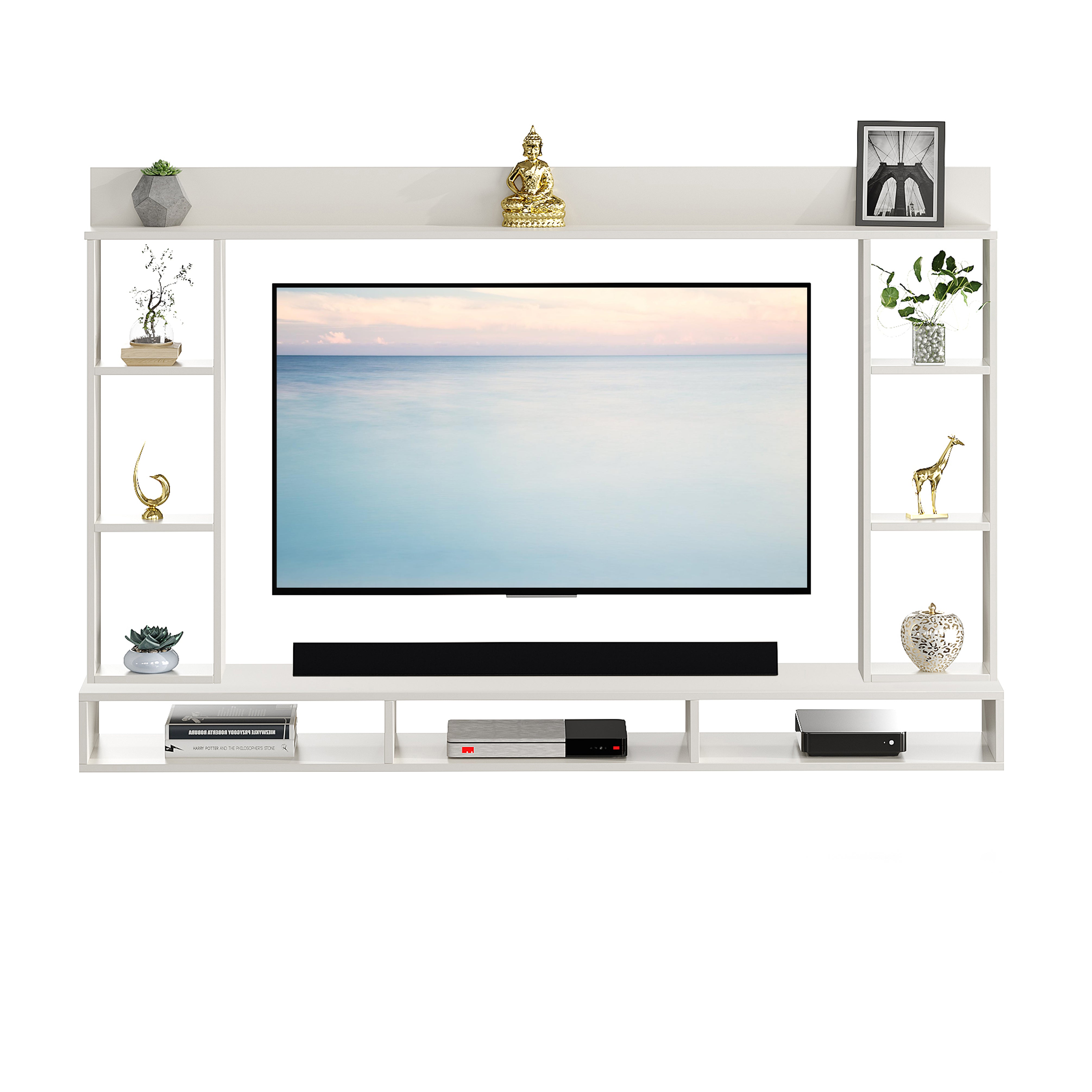 FURNEASER Paul Engineered Wood Wall-Mount TV Unit for Living Room, Set Top Box Stand, Entertainment Unit with Display Shelves, for Upto 43 Inch TV (White)