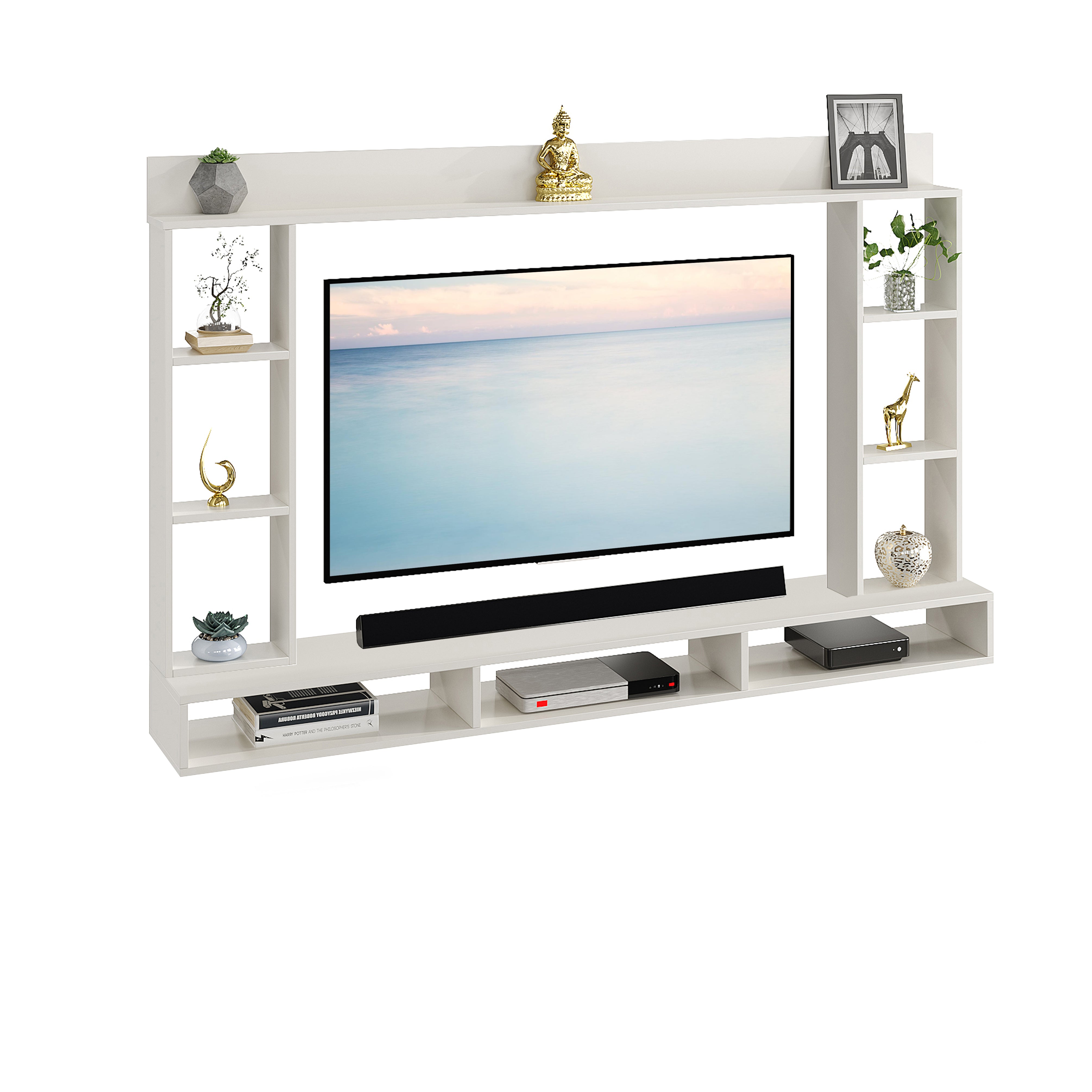 FURNEASER Paul Engineered Wood Wall-Mount TV Unit for Living Room, Set Top Box Stand, Entertainment Unit with Display Shelves, for Upto 43 Inch TV (White)