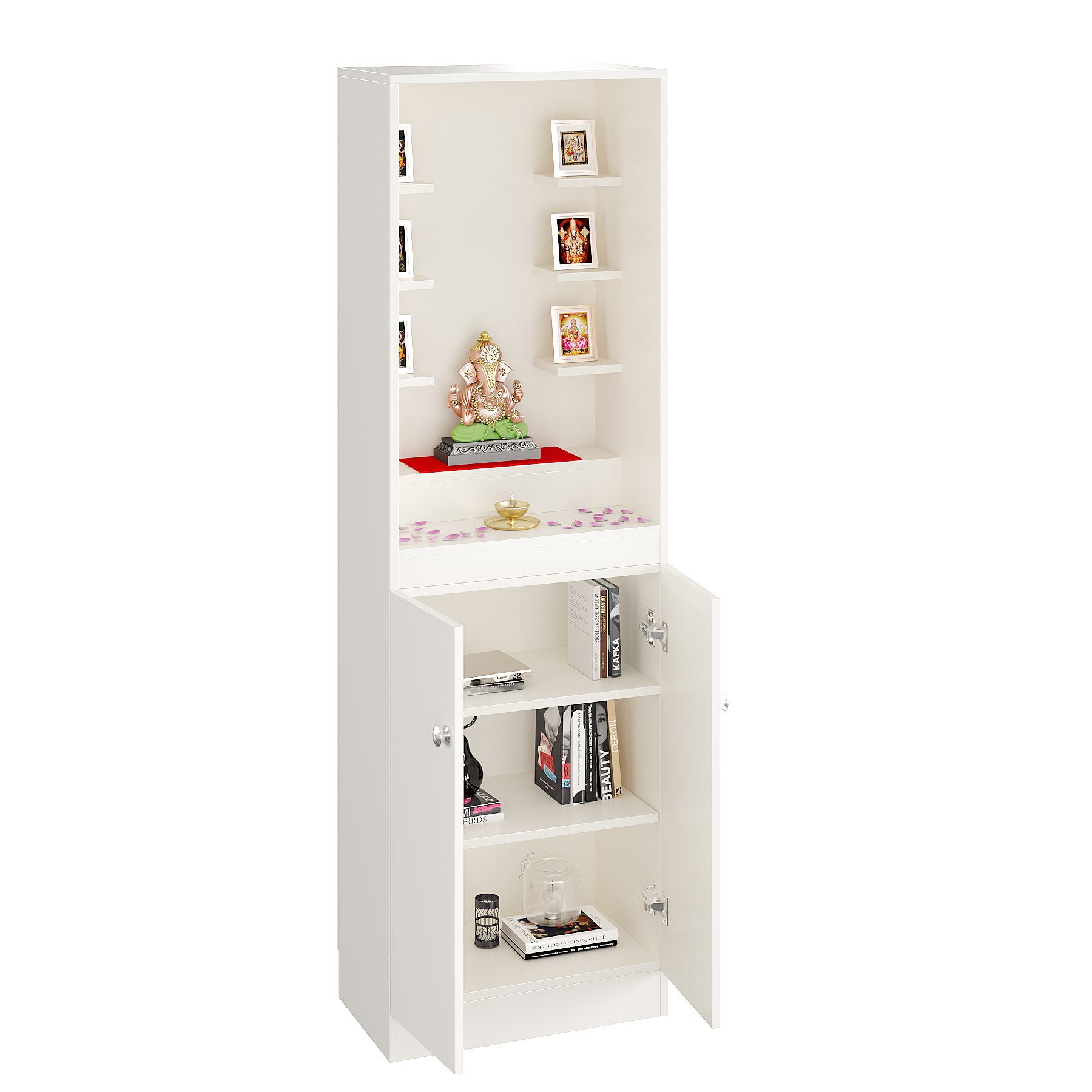 Adya Pooja Mandir for Home, Modern Temple for Home & Office, Prayer Cabinet Puja Stand Shelf in White Finish