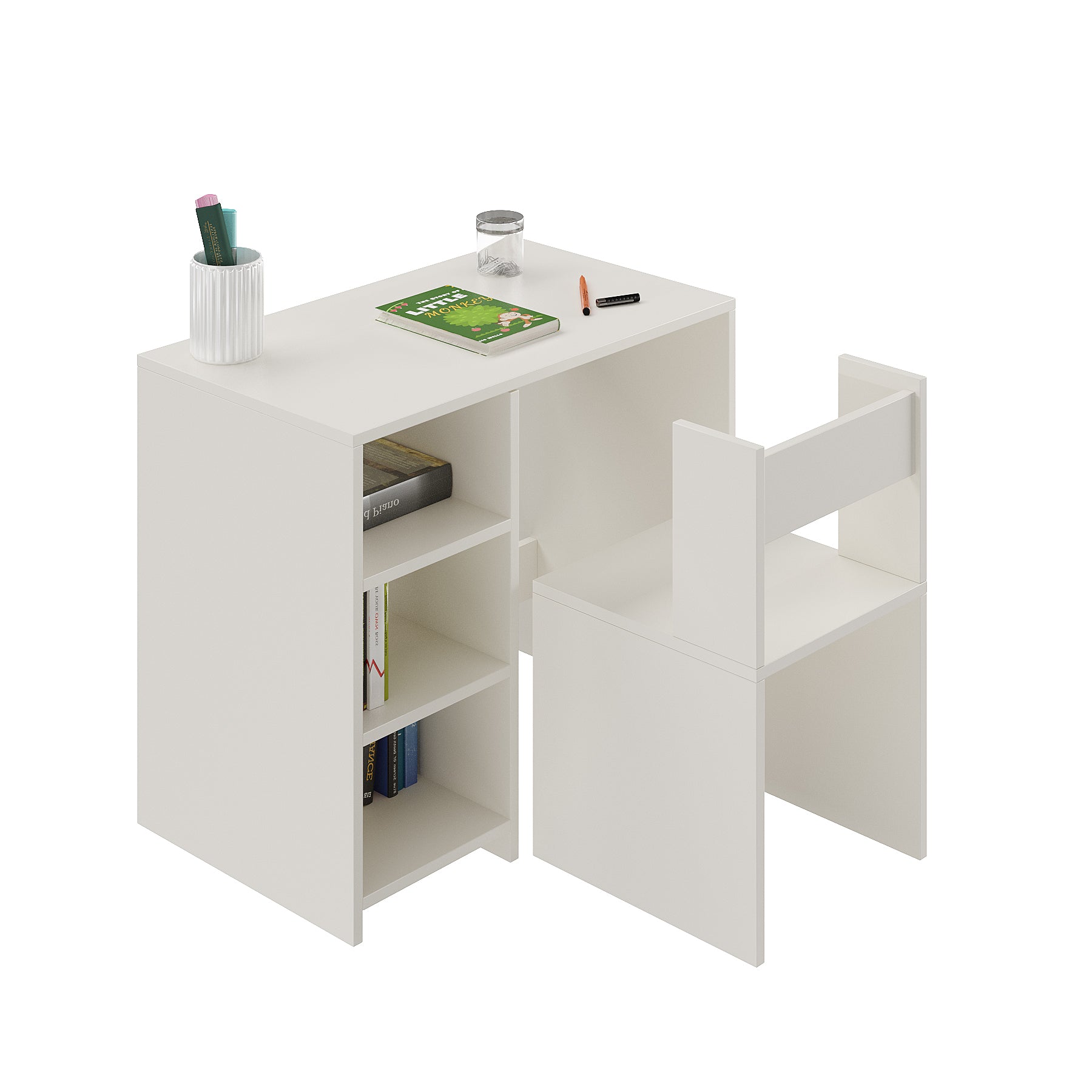 Harper Engineered Wood Light Weight Study Table & Chair Set with Storage for 3-12 Years Kids, Medium Size Kids Desk Set Upto 60kgs Weight Capacity - DIY Installation (White)